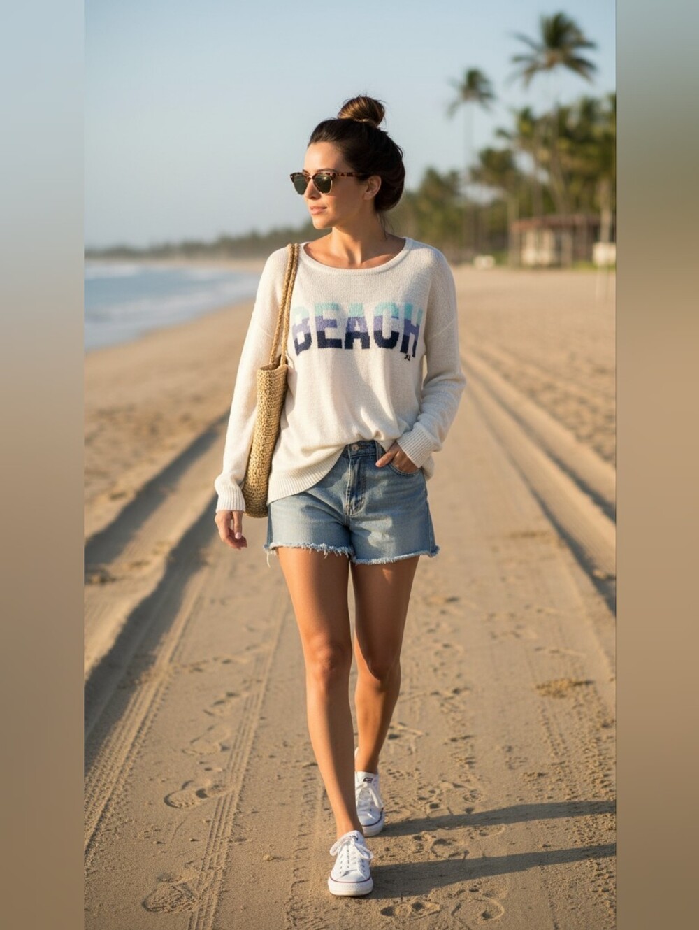 NWT, Cream 'BEACH' Graphic Crew Neck Sweater by Mia&Tess, Size XL